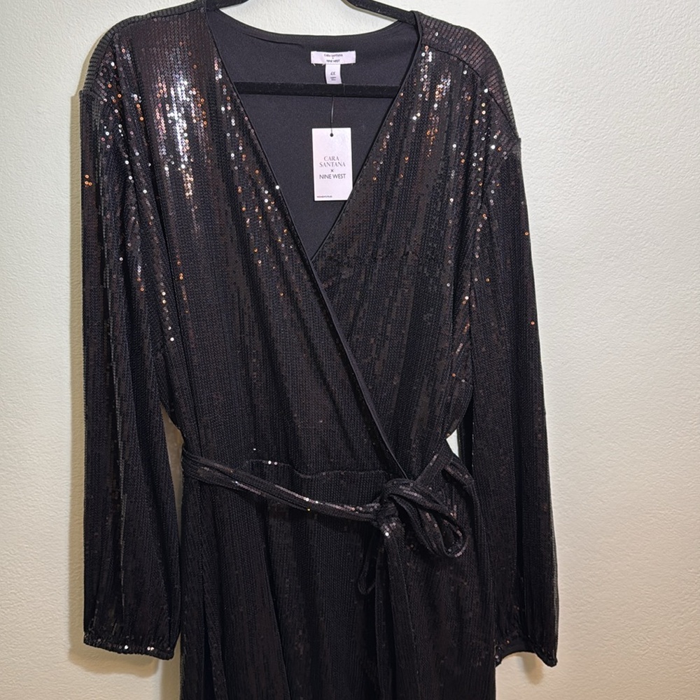 Nine West Cara Santana 4x plus sequin faux wrap dress tie waist belt - Picture 5 of 8